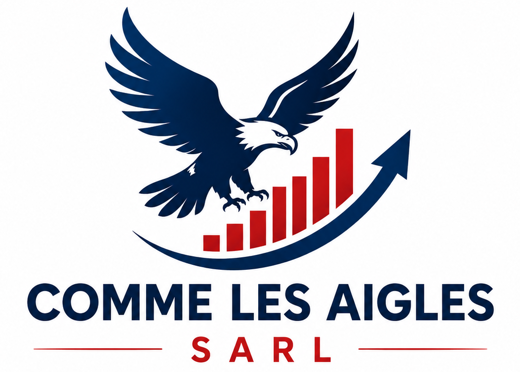Logo Comme les Aigles SARL : un aigle devant un graphique en hausse